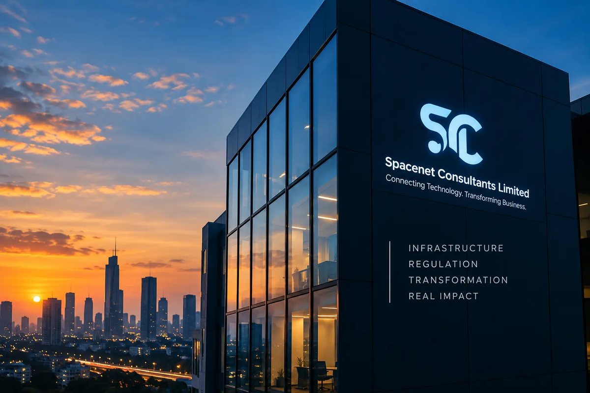 Spacenet Consultants Limited signage on a modern glass office building against a city skyline at dusk
