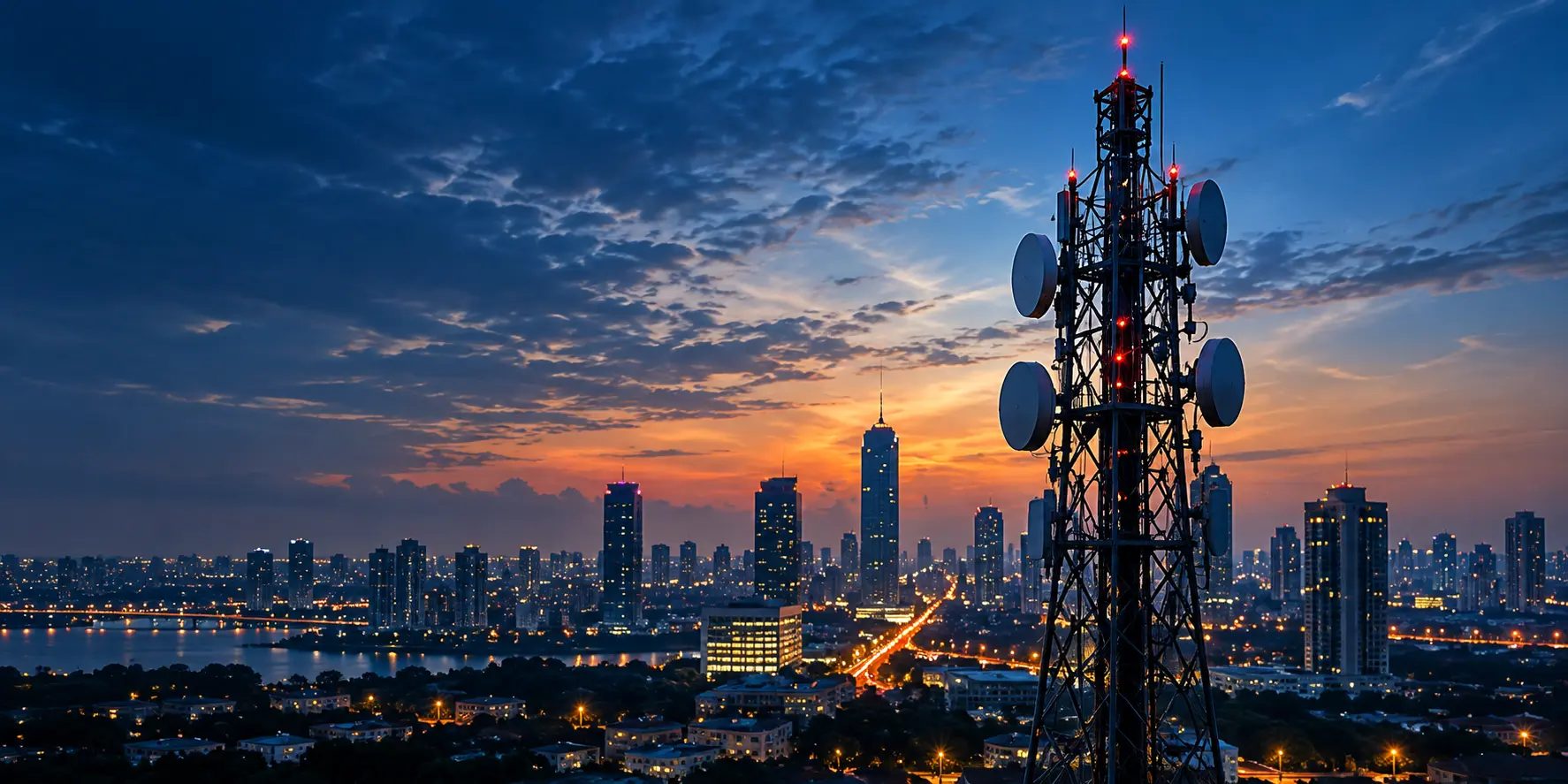 Telecommunications transmission tower above a city skyline at dusk